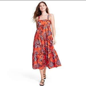 RHODE Orange Floral Tiered Midi Dress